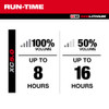 Milwaukee 2956-20 M18 Bluetooth Radio runtime chart showing up to 8 hours at 100% volume and up to 16 hours at 50% volume with an M18 REDLITHIUM XC5.0 battery.