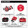 Milwaukee 2930-21HD circular saw kit contents showing M18 FUEL rear handle circular saw, REDLITHIUM FORGE HD12.0 battery, rapid charger, and contractor bag.