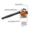 STIHL BG 86 handheld gas blower highlighting HD2 air filter, anti-vibration system, throttle trigger lock, and simplified starting procedure.