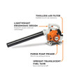 STIHL BG 50 gas handheld leaf blower featuring lightweight ergonomic design, toolless air filter access, purge pump primer, and translucent fuel tank.