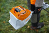Close-up of the STIHL FA082000007 cordless brushcutter battery system, featuring a high-performance lithium-ion battery for extended runtime.