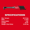 Specifications graphic for the Milwaukee 3050-20 M12 FUEL INSIDER Extended Reach Box Ratchet showing torque, speed, and performance features.