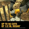 DeWalt DCG408B 20V MAX brushless angle grinder cutting 1/2 in. rebar with up to 56 cuts per charge using a compatible 20V MAX battery.