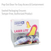 Howard Leight LL-1 Laser Lite disposable foam ear plugs in a pop-out dispenser box for hygienic access, convenient dispensing, and workplace hearing protection.