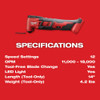 Milwaukee 2626-20 M18 multi-tool specifications with 12 speed settings and 11000 to 18000 OPM.