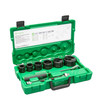 Greenlee 7238SB Slug-Buster® knockout kit with 1/2-inch to 2-inch punches and ratchet wrench in a green case.