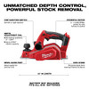 Milwaukee 2623-20 M18 planer with depth adjustment dial chip ejection switch and bevel guide port.