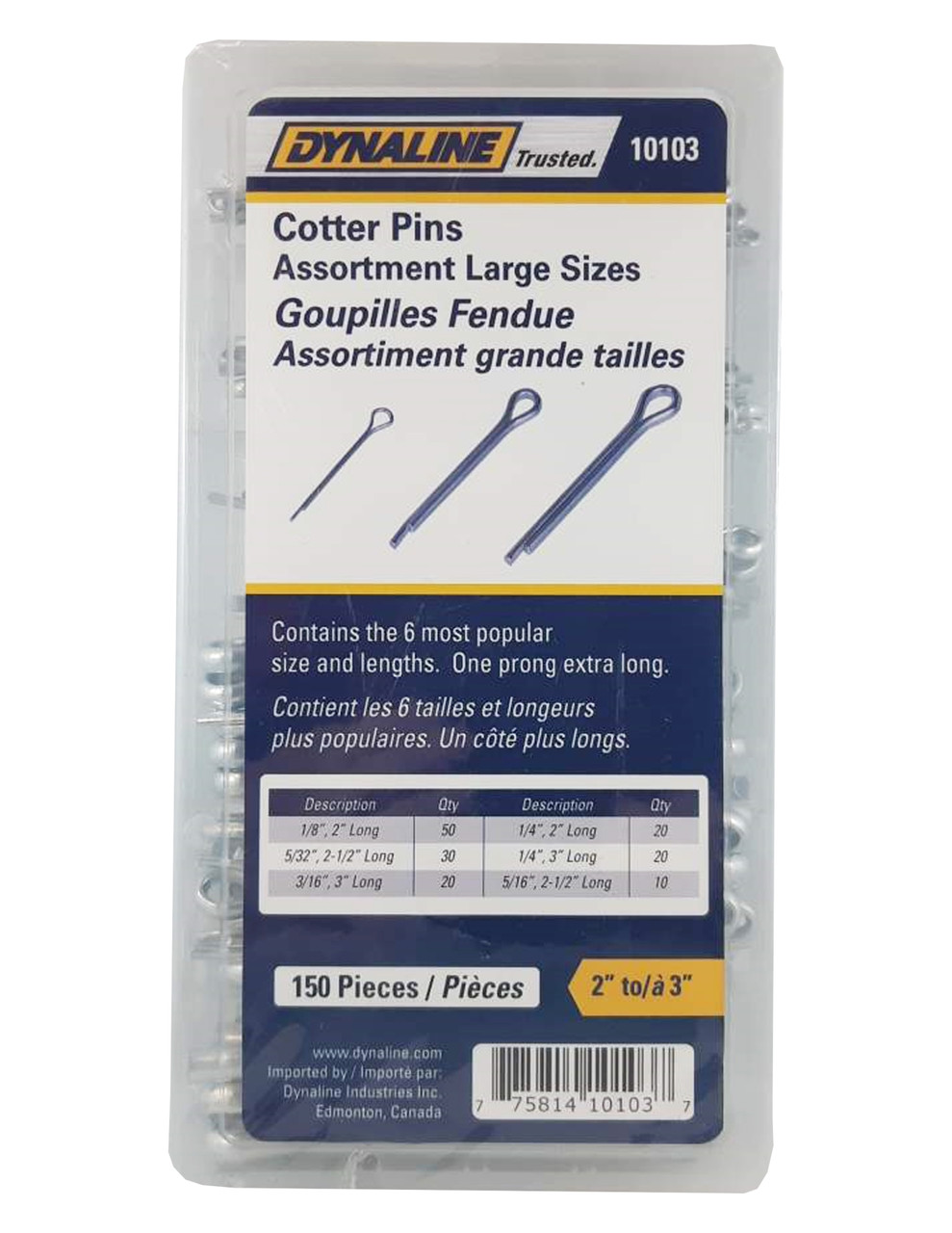 Dynaline 10103 Assortment Cotter Pin 150 Pieces 6 Sizes Large 