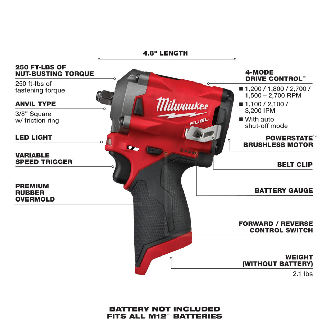 M12 FUEL 12 Volt Lithium-Ion Brushless Cordless Stubby 3/8 in. Impact Wrench  Tool Only