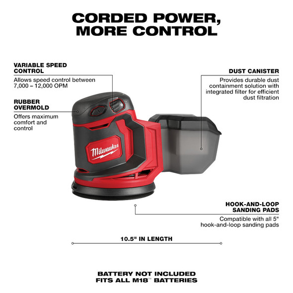 Milwaukee 2648-20 M18 Random Orbit Sander feature diagram showing variable speed control, dust canister, and hook-and-loop sanding pad.