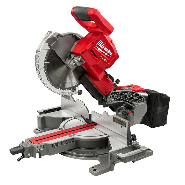 Milwaukee 2734-20 M18 FUEL 10 inch Dual Bevel Sliding Compound Miter Saw (Bare Tool) showing the sliding rails and detent plate.