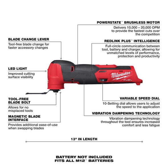 Milwaukee M12 FUEL oscillating multi-tool highlighting tool-free blade changes, vibration reduction, LED work light, POWERSTATE brushless motor, and variable speed control.