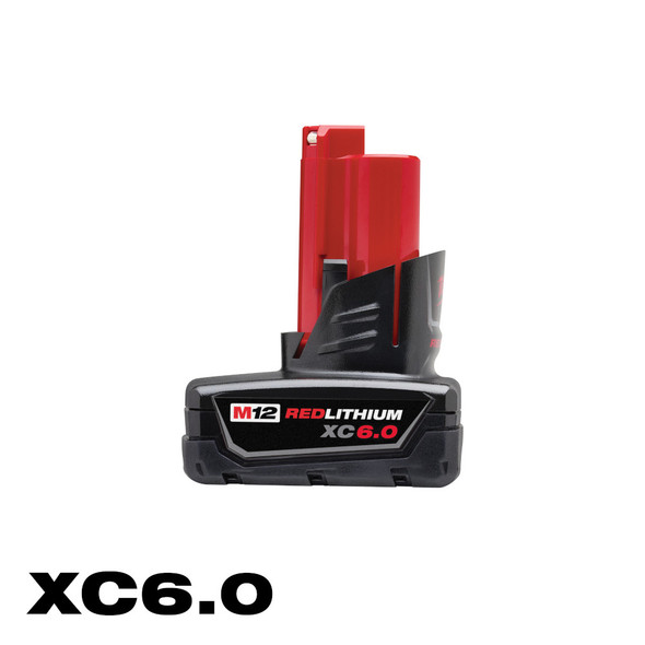 The M12™ XC6.0 battery showing the integrated LED fuel gauge and XC base.