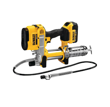 Close-up of the DEWALT DCGG571 grease gun variable speed trigger and integrated LED work light.