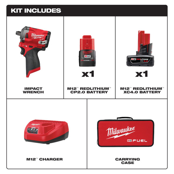 Milwaukee 2555-22 M12 FUEL™ Stubby 1/2 in. Impact Wrench Kit