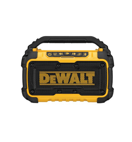 DEWALT DCR010 12V/20V MAX Jobsite Bluetooth Speaker in signature yellow and black with rugged housing.