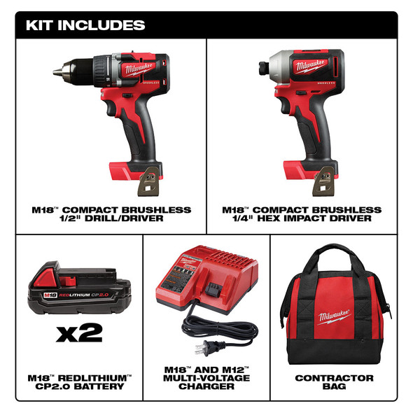 Milwaukee 2892-22CT M18™Compact Brushless Drill Driver/Impact Driver Combo Kit