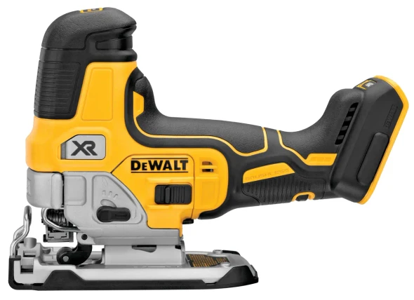 DEWALT DCS335B 20V MAX XR cordless barrel grip jig saw with brushless motor, variable speed control, and keyless blade change.