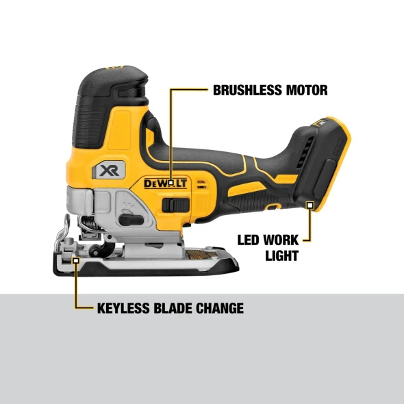 DEWALT DCS335B cordless barrel grip jig saw highlighting brushless motor, LED work light, and keyless blade change.