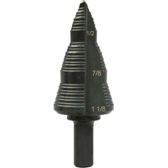 Greenlee GSB09 multi-hole step bit with hole sizes from 1 inch to 1-1/8 inches for drilling and enlarging holes in sheet metal and electrical panels.