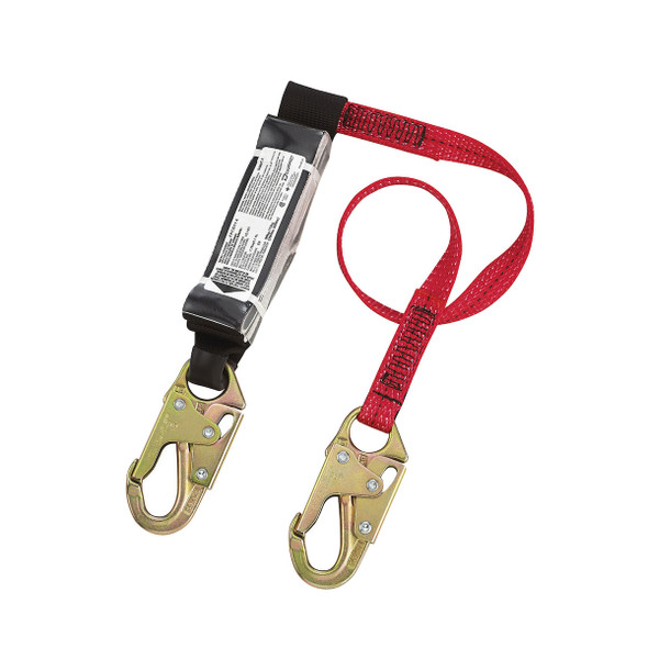 Dynamic FP73311/6 Dyna-Pak single-leg 6 ft fixed lanyard with 1-inch red webbing, shock absorber and locking snap hooks for fall protection.