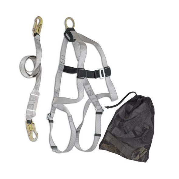 Fall protection kit that contains a 3pt adjustment harness, energy absorber lanyards, and mesh bag.