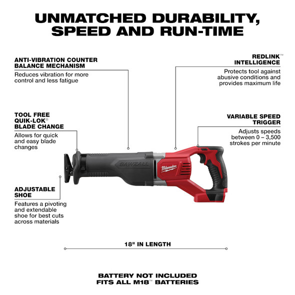 Milwaukee 2621-20 M18™ SAWZALL® Reciprocating Saw (Tool Only)