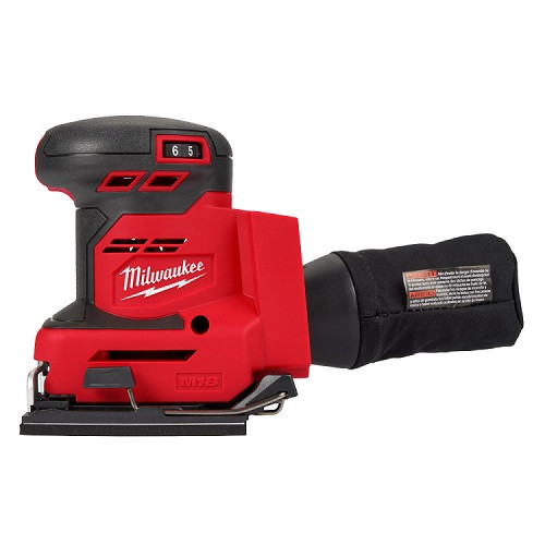 Milwaukee 2649-20 M18 1/4 Sheet Orbital Sander (Bare Tool) showing the universal paper clamps and dust bag.
