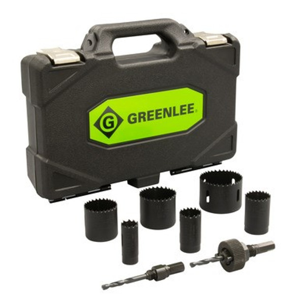 GreenLee's 830 9-Piece Hole Saw Set with 7/8" - 2-1/2" Saws provides an assortment of  commonly used Greenlee variable pitch hole saw sizes and arbors. High-impact, rugged plastic carrying case.