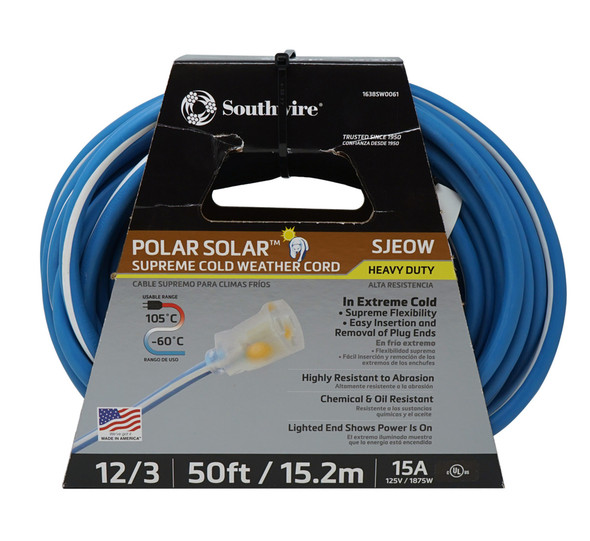 Rated for -94F to 221F (-70C to 105C) Polar/Solar Supreme extension cords are formulated to offer superior jobsite performance in extremely cold weather.