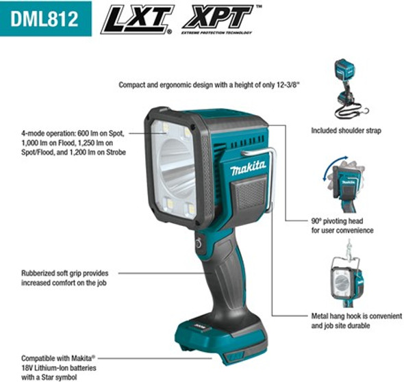 Makita DML812 18V LXT Lithium‑Ion Cordless L.E.D. Flashlight /Spotlight  Light Only