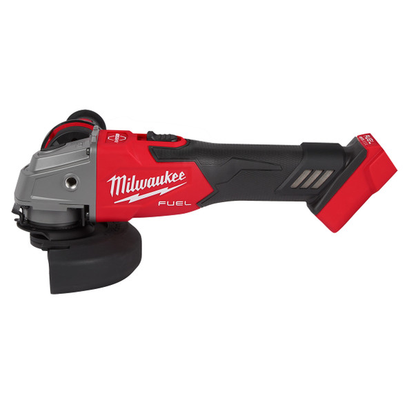 Milwaukee 2881-20 M18 FUEL™ 4-1/2" / 5" Braking Grinder with slide switch and lock-on, delivering corded-equivalent power, RAPIDSTOP™ braking, and professional cordless performance for cutting and grinding metal.