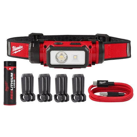 Milwaukee 2163-21 REDLITHIUM™ USB Hard Hat Headlamp with clips and charging cable.
