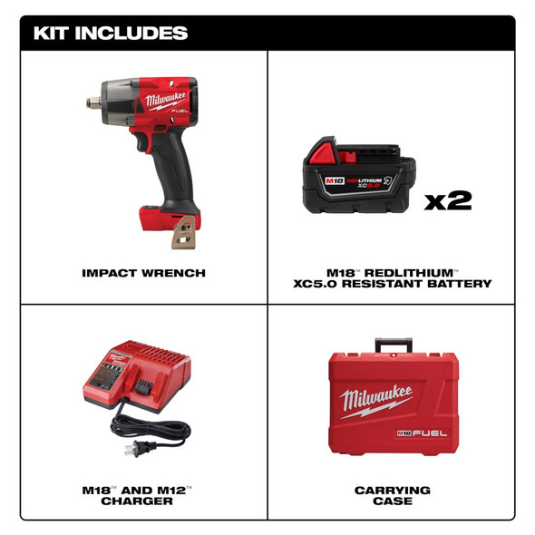 Milwaukee M18 FUEL™ 1/2" Mid-Torque Impact Wrench Kit (2962-22R) – 650 ft-lbs Torque – Includes (2) Resistant Batteries for Oils & Solvents