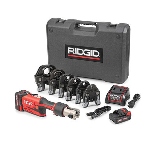 Ridgid 67178 RP 351 inline battery press tool kit with brushless motor and 1/2-inch to 2-inch jaws.