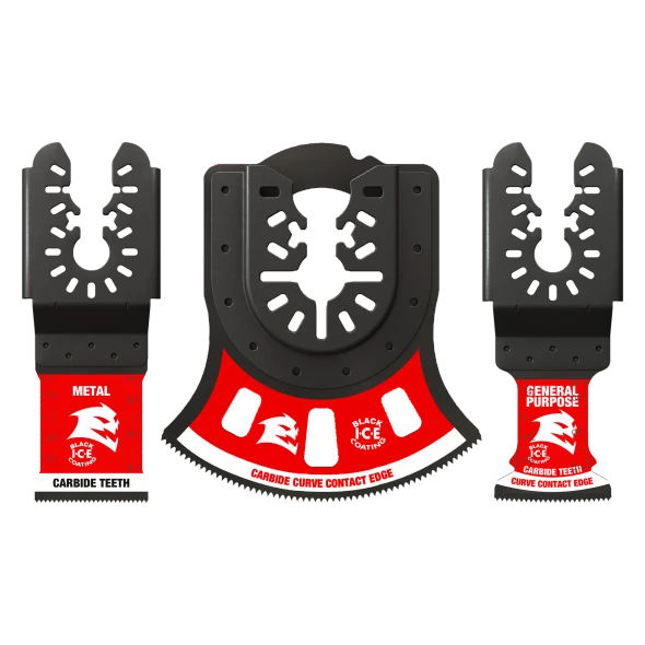 Diablo DOU3CS universal fit carbide oscillating blade set with 3 carbide-tipped blades for general purpose cutting, metal cutting, and plunge-cut applications.