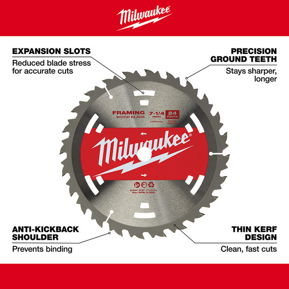 Milwaukee 48-41-0710 framing blade featuring precision ground carbide teeth, expansion slots, anti-kickback shoulder, and thin kerf design for clean, efficient cuts.