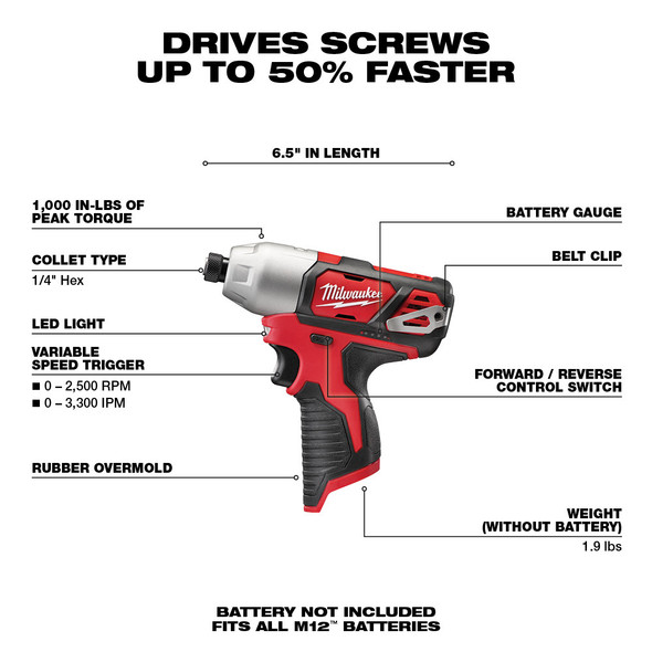 Milwaukee 2462-20 M12™ ¼” Hex Impact Driver (Tool Only)