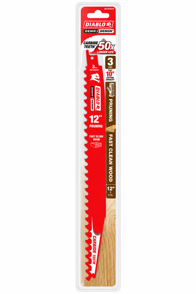 Diablo DS1203CPC 12-inch 3 TPI carbide reciprocating saw blade for pruning and fast clean wood cutting, 1-pack.
