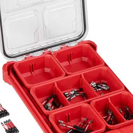 Milwaukee 48-32-5156 100-Piece SHOCKWAVE Impact Duty Bit Set organized inside a PACKOUT Low-Profile Case