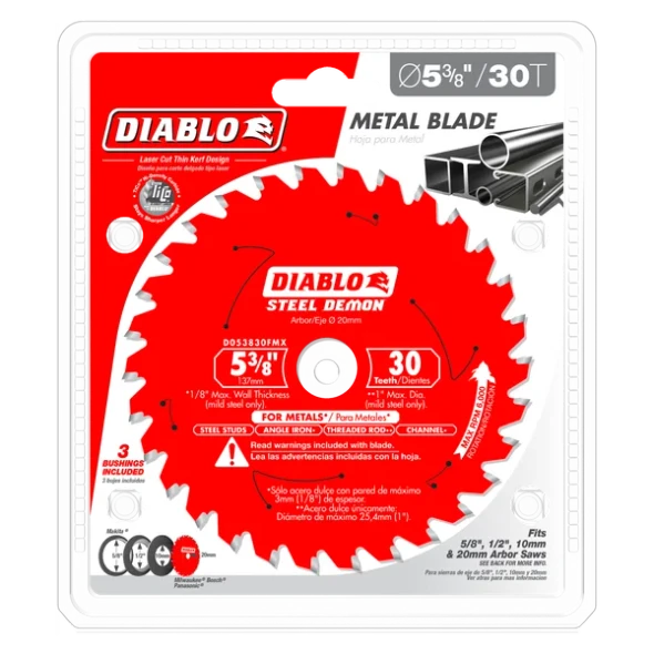 Diablo D053830FMX Steel Demon 5-3/8 in. 30-Tooth carbide-tipped metal cutting saw blade in retail packaging with included arbor bushings.