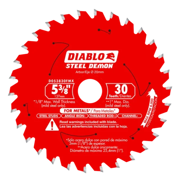 Diablo D053830FMX 5-3/8 in. 30-Tooth Steel Demon carbide-tipped circular saw blade for cutting steel studs, angle iron, threaded rod, channel and other ferrous metals.