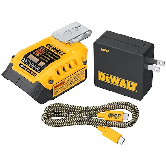 DEWALT DCB094K USB-C charging kit featuring the DCB094 power source, 65W wall adapter, and 100W-rated USB-C to USB-C cable