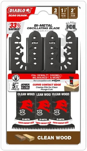 Diablo DOU125JBW3 bi-metal oscillating blades for clean wood cutting 3-pack in retail packaging.