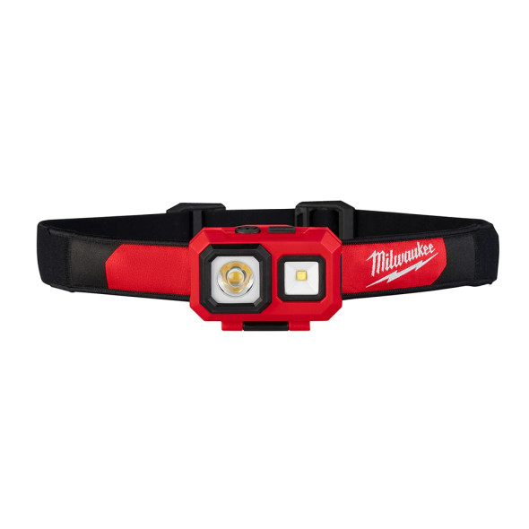 Milwaukee 2104 LED spot and flood headlamp with adjustable head strap.