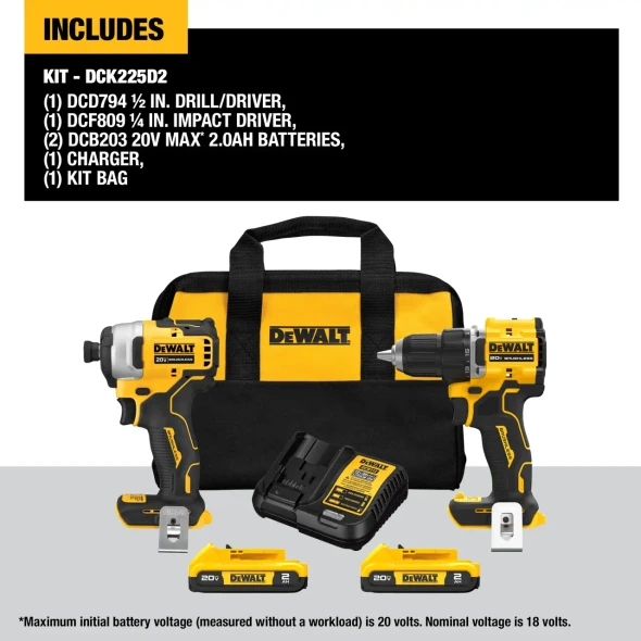 DEWALT DCK225D2 ATOMIC 20V MAX Brushless Combo Kit contents showing DCD794 compact drill/driver, DCF809 impact driver, two 20V MAX 2.0Ah batteries, charger, and tool bag.