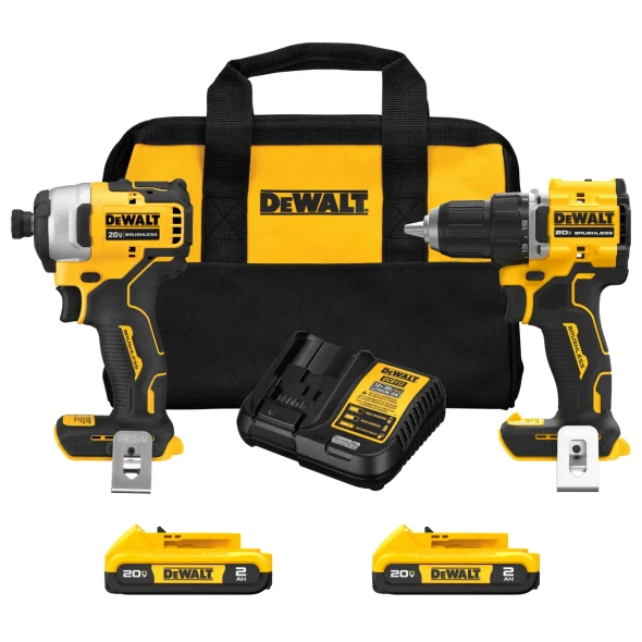 DEWALT DCK225D2 cordless combo kit featuring ATOMIC compact drill/driver, impact driver, charger, two 20V MAX 2.0Ah lithium-ion batteries, and durable contractor bag.