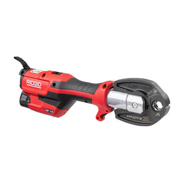 The slimline mini jaws and LED work light on the Ridgid RP 115 micro press tool.