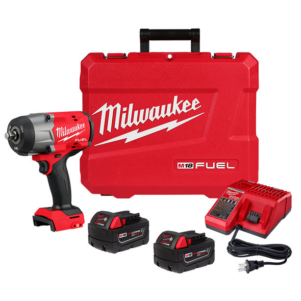 Milwaukee 2967-22 M18 FUEL 1/2 inch High Torque Impact Wrench Gen 3 Kit with two XC5.0 batteries.