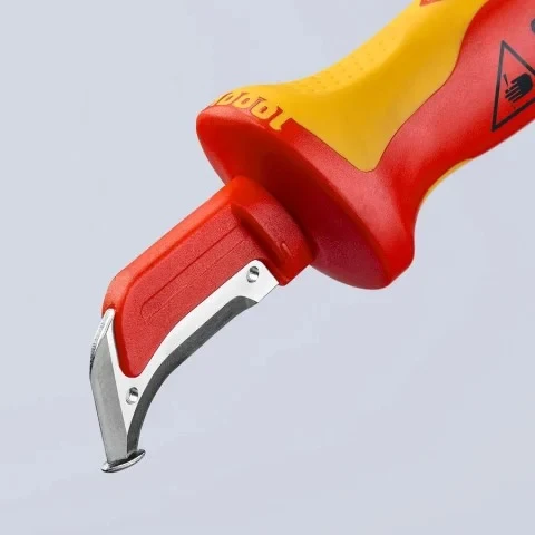 Close-up of the hooked blade on the Knipex 9855 VDE insulated dismantling knife designed for controlled cable sheath removal.